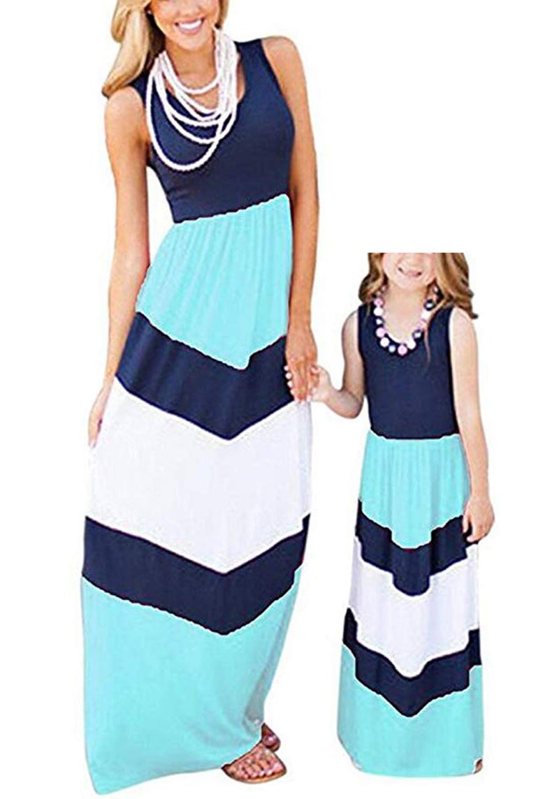 Qin.Orianna Summer Cute Mommy and Me Boho Striped Chevron Maxi Dresses Blue - Image 1